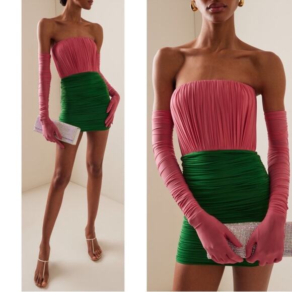 Alex Perry Ruched Strapless Jersey Pink and Green Mini Dress with Gloves Size 6 - Picture 4 of 13